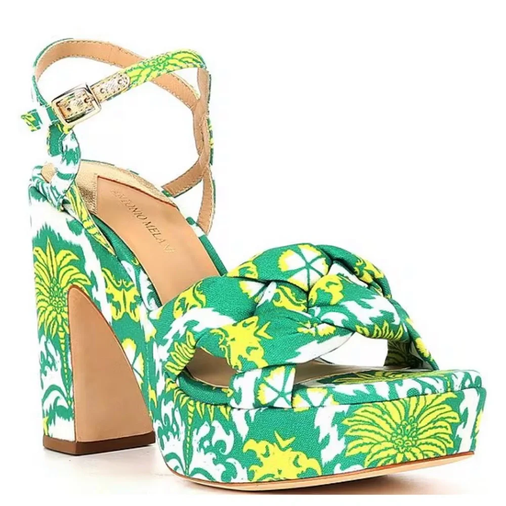 NWT Antonio Melani Mya Royal Palm Print Braided Platform Dress Sandals Sz 8
